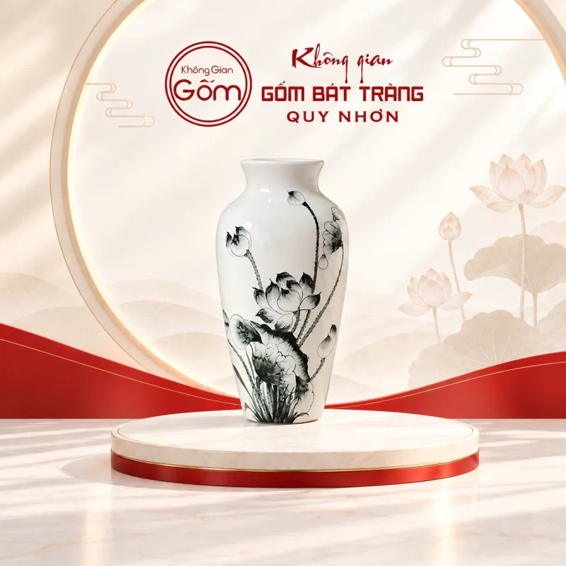 Lọ hoa trắng cổ ngắn họa tiết sen in logo