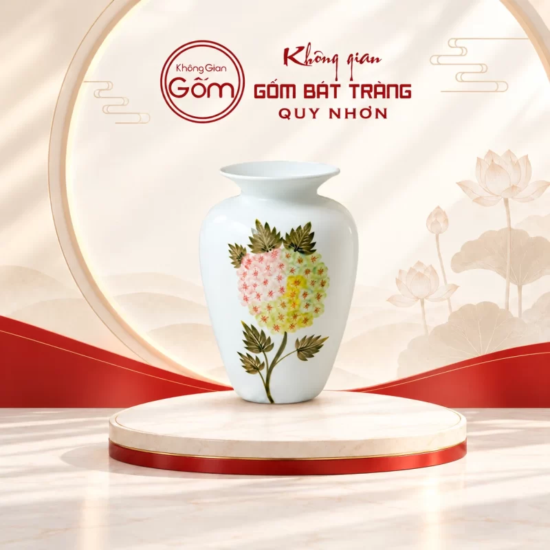 Lọ hoa trắng miệng loe hoa chùm in logo