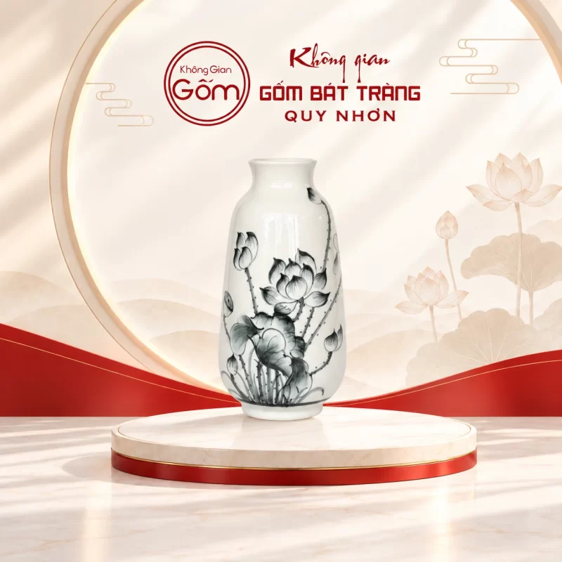 Lọ hoa trắng sen đen chân nổi in logo