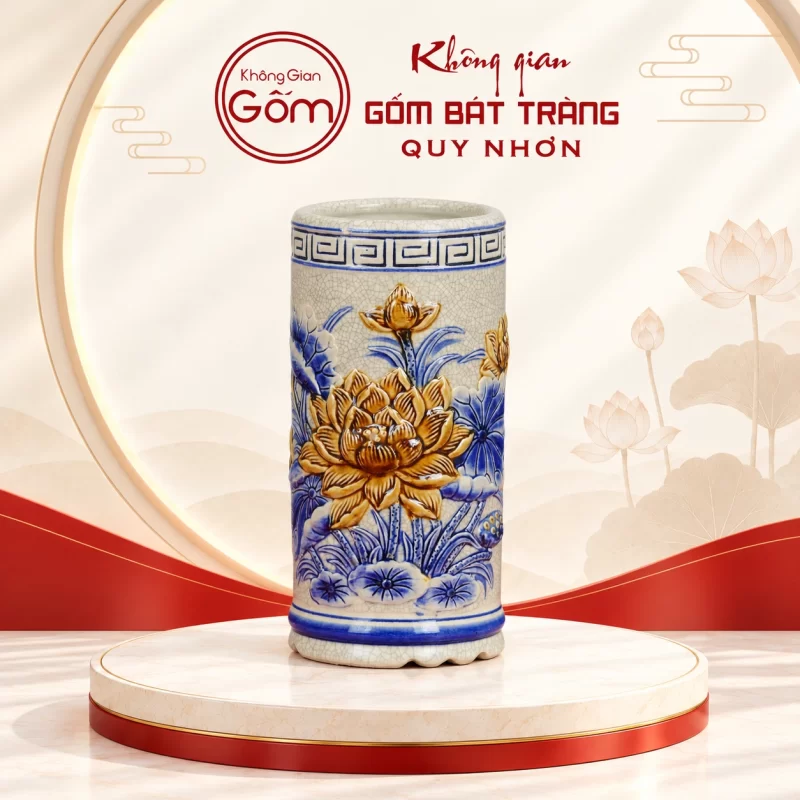 Ống hương men rạn họa tiết sen