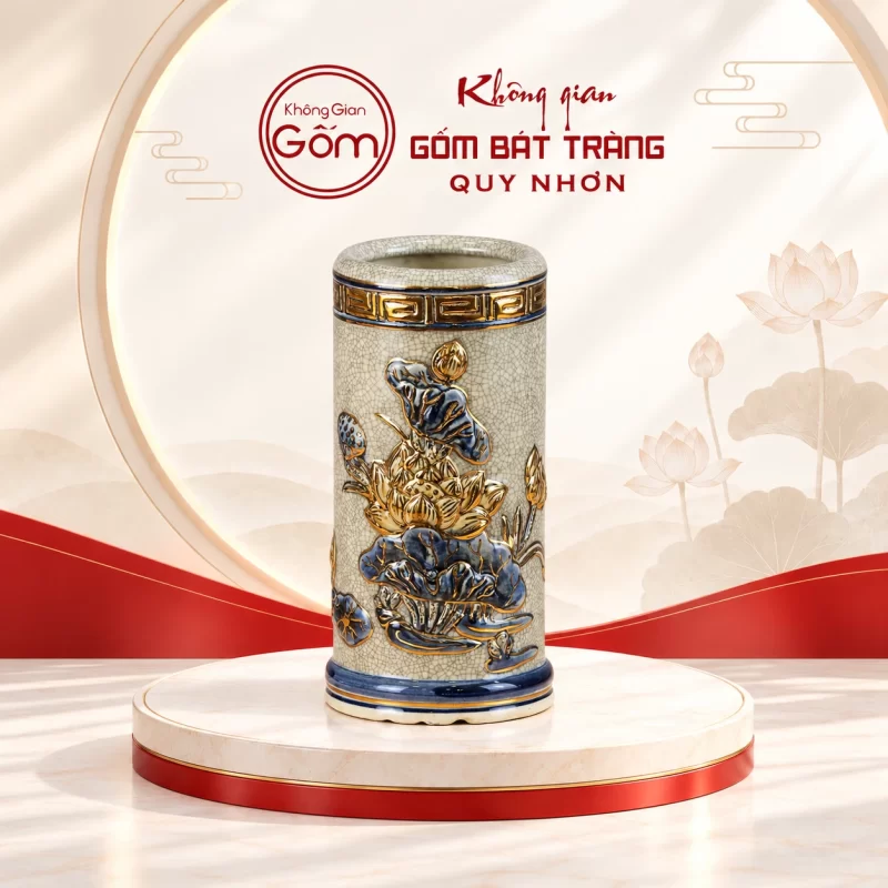 Ống hương men rạn vẽ vàng họa tiết sen