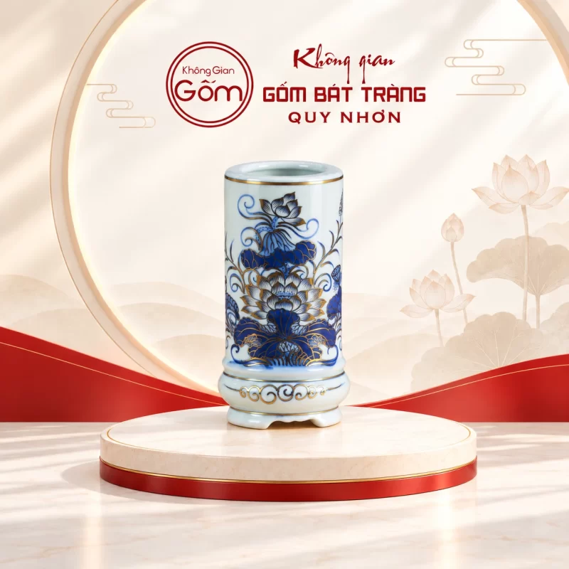 Ống hương thờ men lam vẽ vàng hoa sen