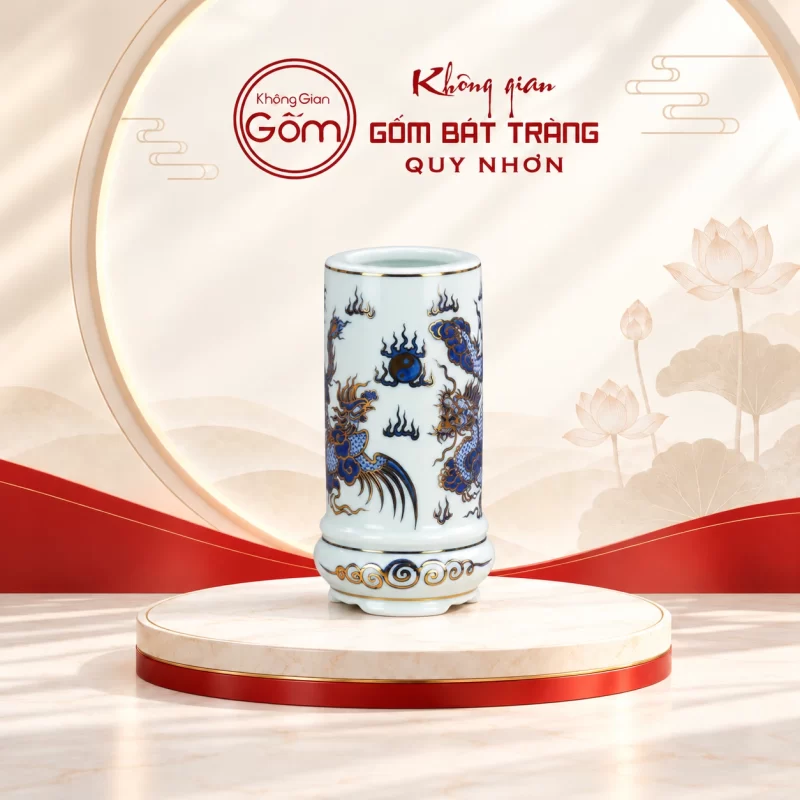 Ống hương thờ men lam vẽ vàng họa tiết rồng