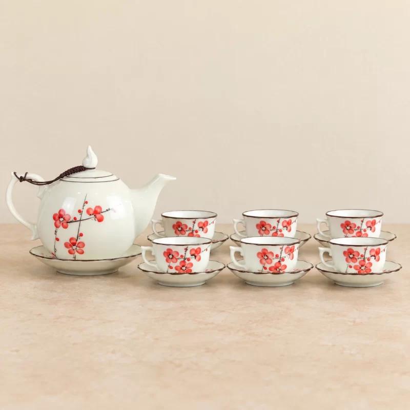 Bộ ấm chén hoa đỏ 6 chén