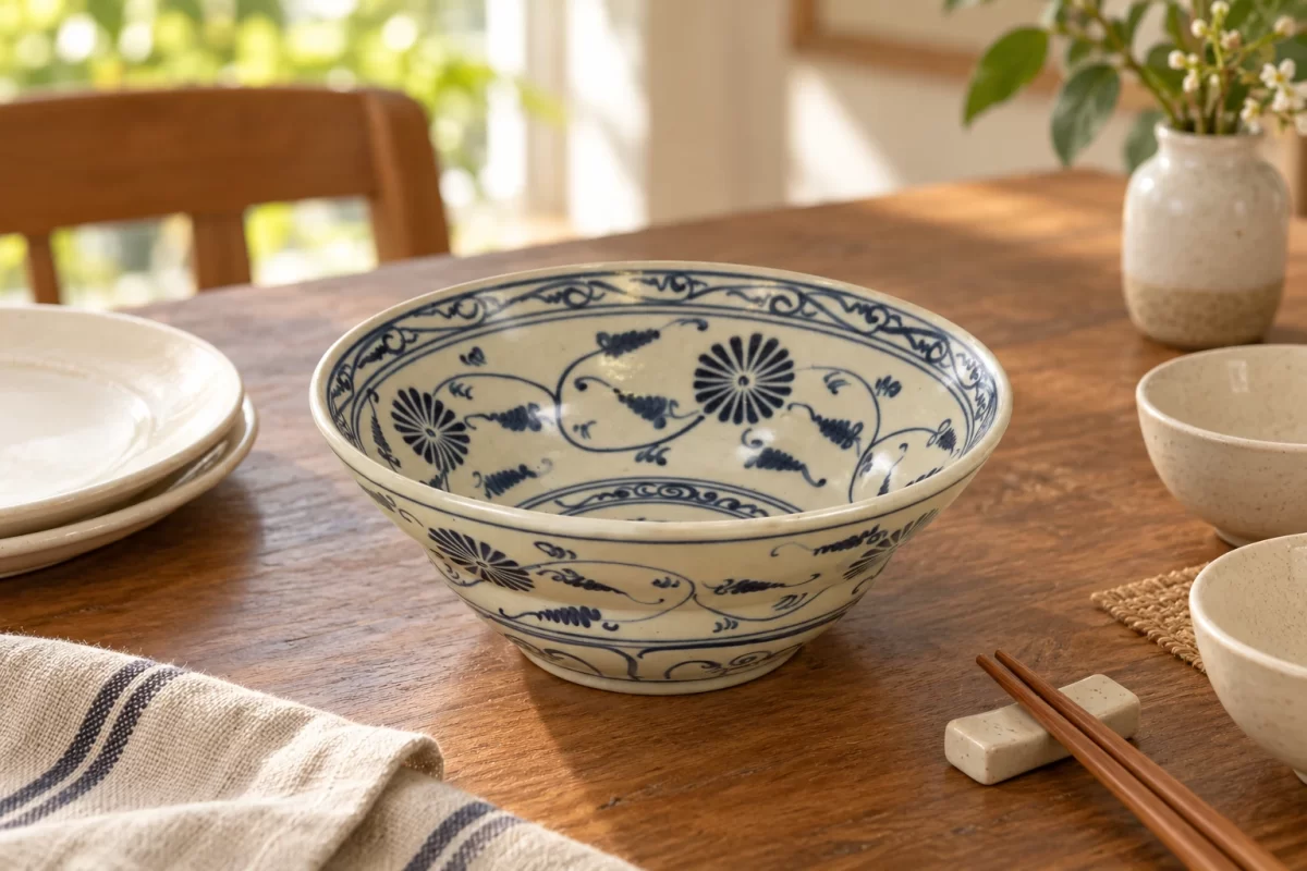 Phối cảnh minh họa cách phối tô hoa dây xanh đậm với bát đĩa nền sáng trên bàn ăn; bối cảnh và đạo cụ minh họa.