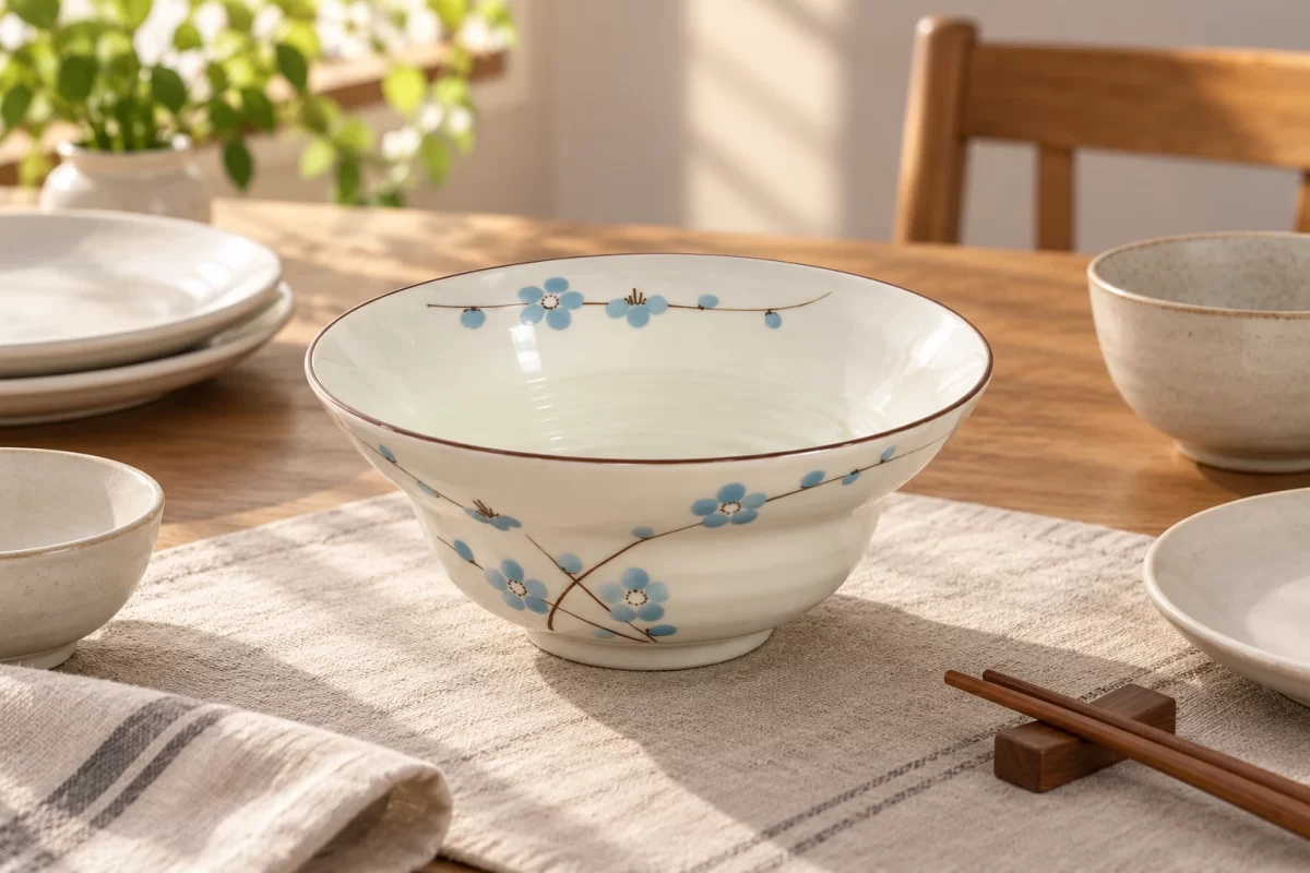 Phối cảnh minh họa cách phối tô miệng loe hoa đào xanh với bát đĩa nền sáng trên bàn ăn; bối cảnh và đạo cụ minh họa.