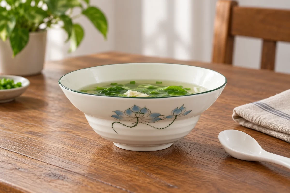 Phối cảnh minh họa tô miệng loe sen xanh trong gợi ý bày món tại nhà; món ăn và đạo cụ minh họa.