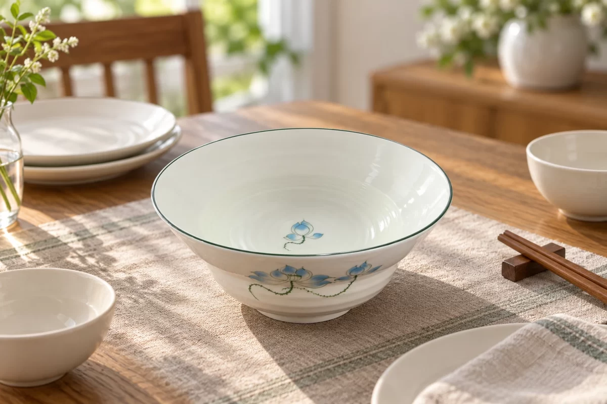 Phối cảnh minh họa cách phối tô miệng loe sen xanh với bát đĩa nền sáng trên bàn ăn; bối cảnh và đạo cụ minh họa.