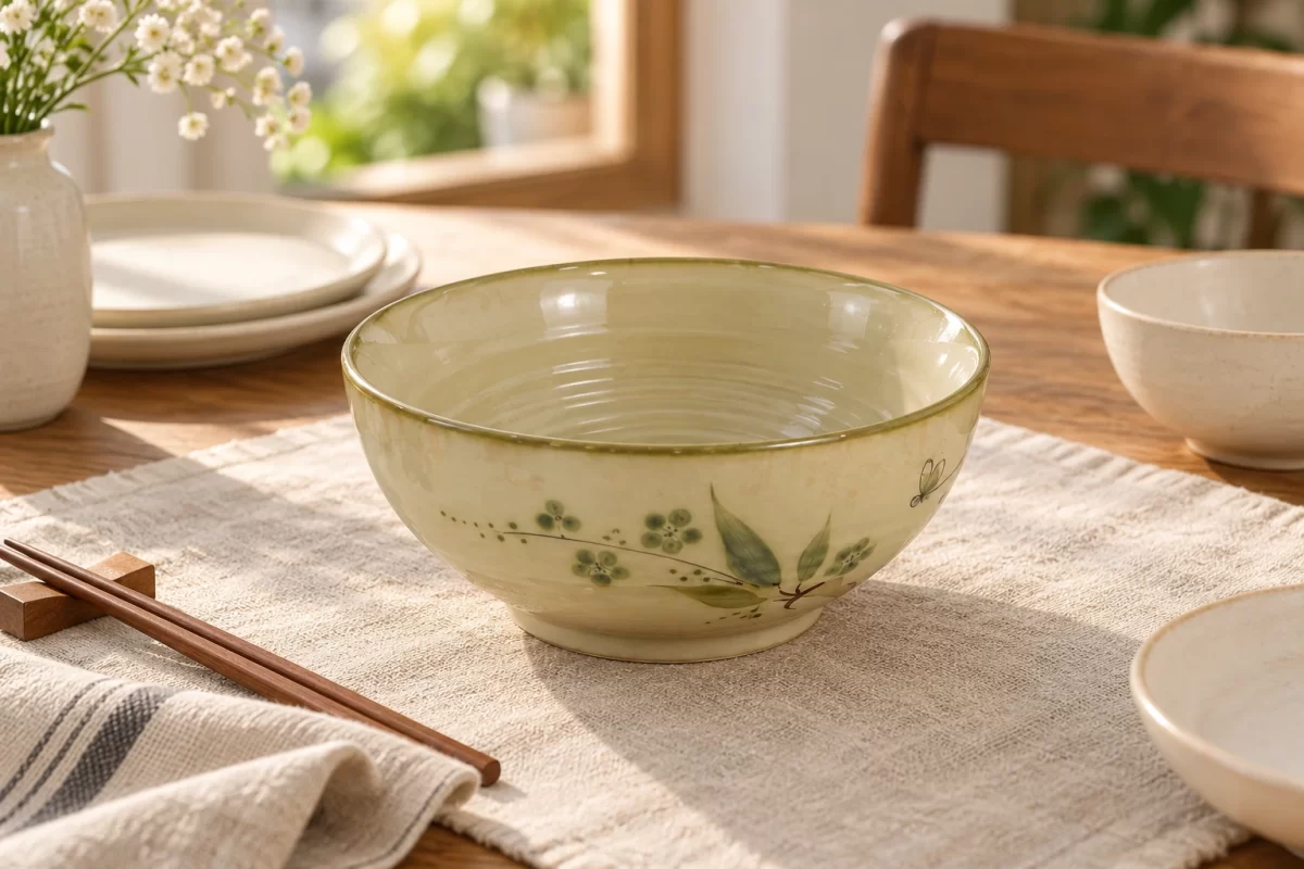 Phối cảnh minh họa cách phối tô tròn chuồn trúc với bát đĩa nền sáng trên bàn ăn; bối cảnh và đạo cụ minh họa.